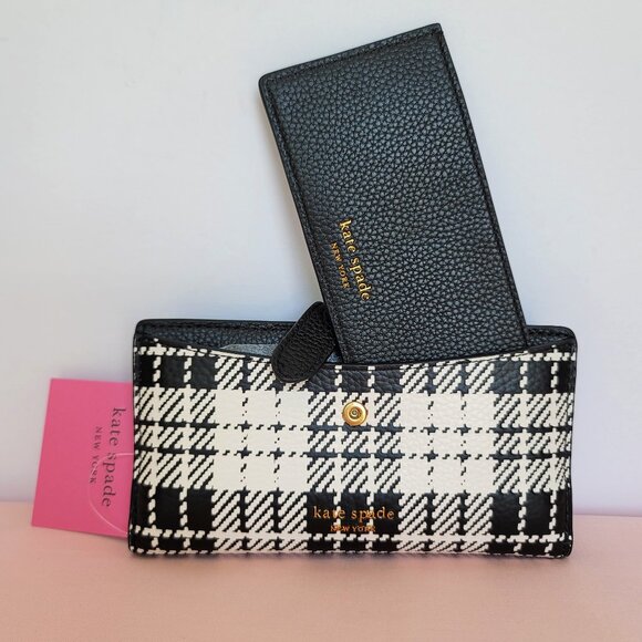 KATE SPADE Hudson Posh Plaid Embossed Pebbled Leather Bifold Wallet-Black MultI⭐ - Picture 2 of 16